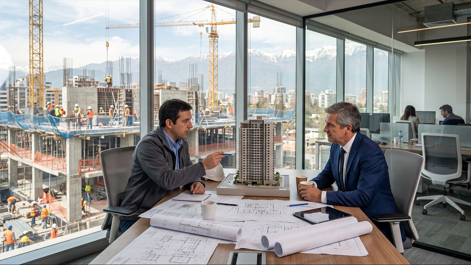 Inversionistas revisando planos en una constructora